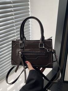 2026 New Solid Color PU Patchwork Zipper Handbag, Minimalist Fashion Outdoor Personalized Small Square Bag, Versatile Shoulder Crossbody Bag With Adjustable Strap - Coffee - View 3