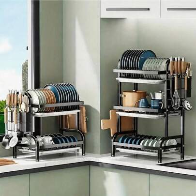 1pc Small Kitchen Dish Rack With Cutlery Holder And Cutting Board Rack