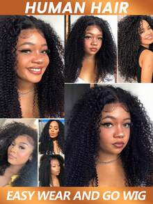 非洲卷曲蓬松假发，带刘海，易于佩戴，方便打理，真人发丝，非洲卷曲假发，全机织假发，180%密度，适合女性 - Natural Black - 查看 5