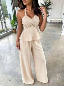 LilyHouse Women's Cream Camisole Two Pieces Set, Front Ruffle Trim Blouse Paired With Loose Wide-Leg Pants, Lightweight & Soft Fabric Suitable For Vacation, Beach, Picnic, Photography Casual Summer - Khaki - View 3