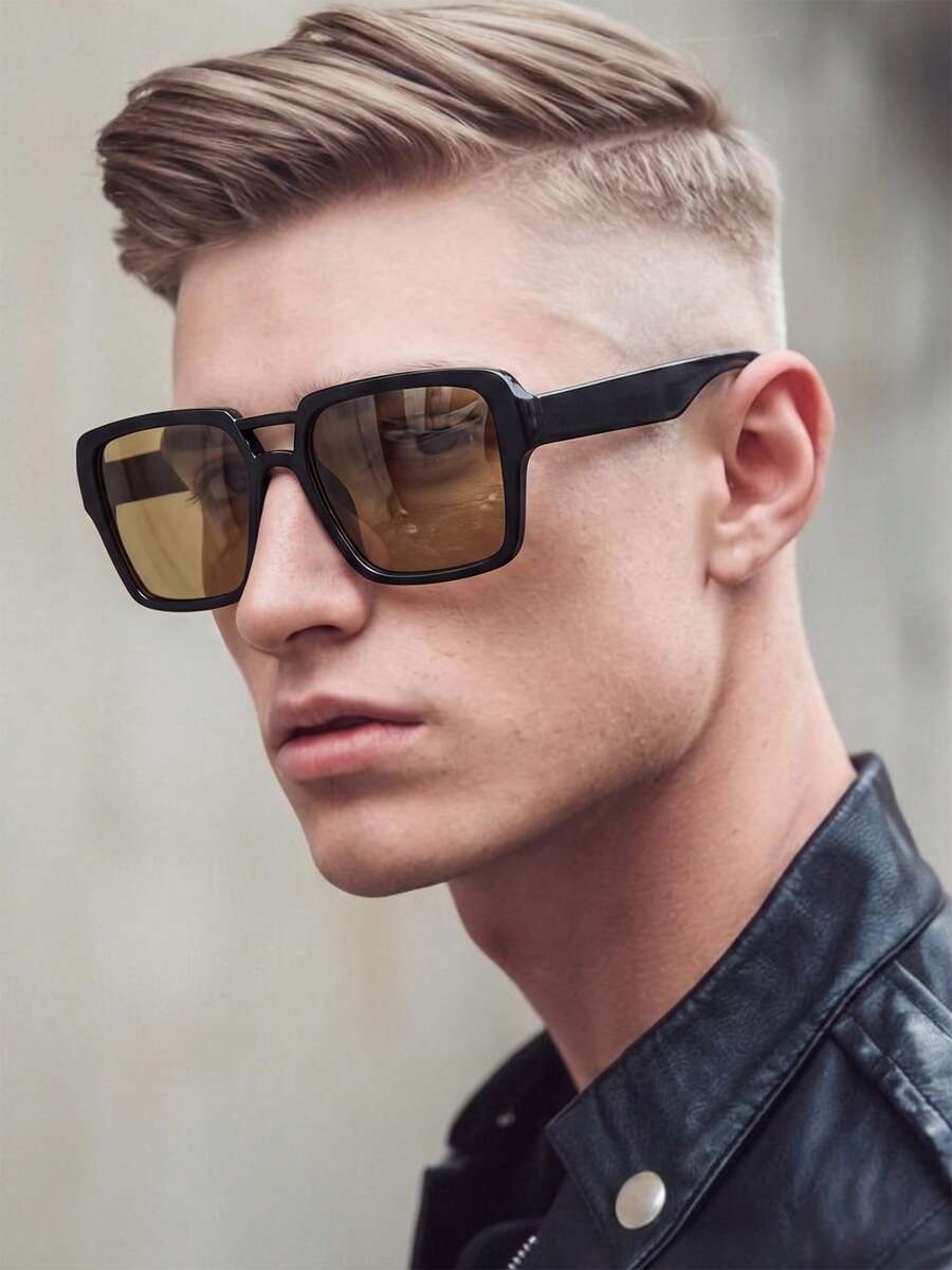 1 Pair Men's Double-Bridge Square Frame Minimalist Fashion Glasses - Glossy Black - View 1