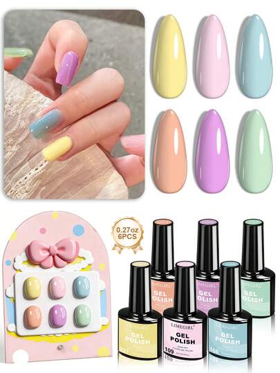  LIMEGIRL 6PCS Macaron Candy Color Gel Nail Polish Set, Summer Sweet Pastel Soak Off UV LED Gel Polish Kit For DIY Manicure Salon