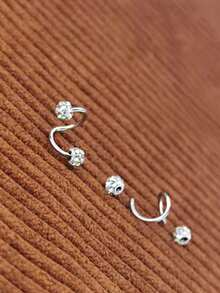 2pcs Diamond Ball S-Shaped Spiral Screw Cartilage Earrings For Women - Silver - View 6