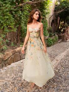 Faeriesty Vestido de noche elegante con tirantes finos y estampado floral para mujer, con estructura de ballenas, cierre de cremallera en la espalda, adecuado para eventos de alfombra roja, cenas formales, bodas de lujo, galas y fiestas de baile de gala - Multicolor - Ver 9