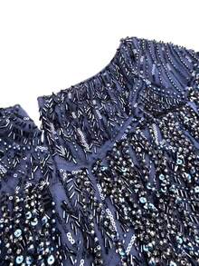 SUPGIR [Random Floral Cut] V-Neck Lantern Sleeve Chiffon Sequin Embroidery Waist Cinched Party Evening Dress Wedding Spring - Navy Blue - View 10