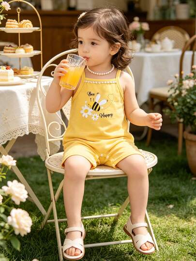 可爱甜美休闲黄色碎花无袖连体衣，女童吊带连体裤，适合春夏穿着，浅黄色蜜蜂和花朵图案，白色蕾丝刺绣装饰，适合度假、日常休闲、外出、短途旅行、野餐等场合。
