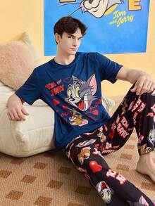 Noctvar OBM Sleepwear X TOM & JERRY Tom & Jerry Collaboration Men's Striped Pajama Set With Heart All-Over Print Long Pants, Loungewear - Multicolor - View 3