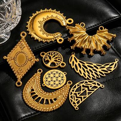 5Pcs 18K Gold Plated 304 Stainless Steel Mixed Shape Link Connectors, Filigree Tree Of Life/Boho Crescent/Geometric Charm Connectors, DIY Bracelet Necklace Jewelry Making Supplies, Hypoallergenic Tarnish Resistant