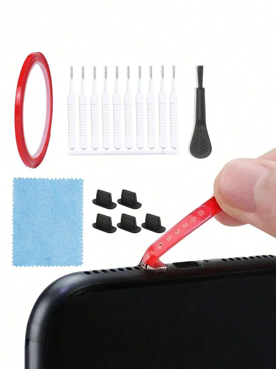 9pcs Mobile Phone Cleaning Kit: Adhesive Tape, Charging Port Brush, Audio Hole Cleaner, Gap Cleaning Brush, Cleaning Cloth, Silicone Dust Plugs - Multicolor - View 1