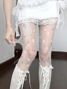 1双女士白蓝星形图案透明连裤袜，夏季薄款Y2K街头风可爱吸睛丝袜 - 白色 - 查看 1