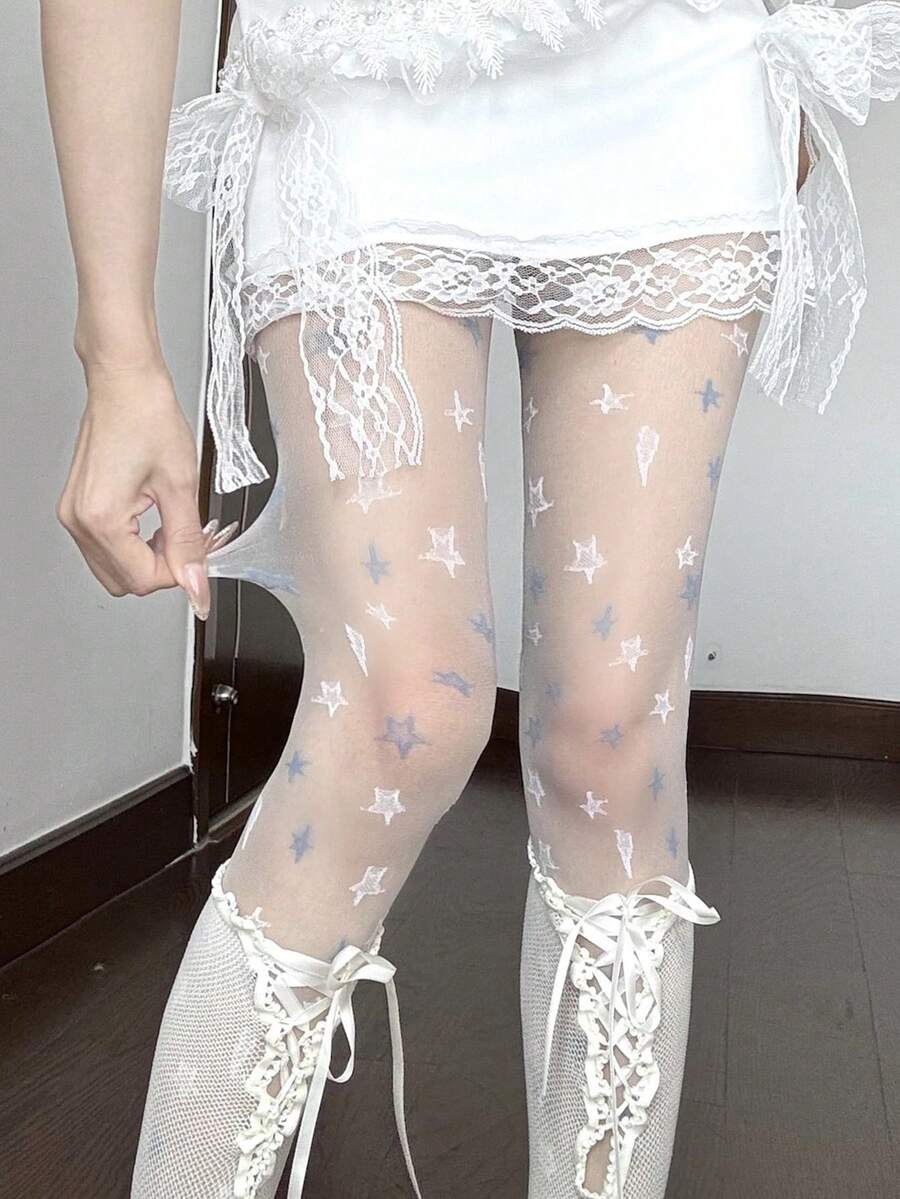 1双女士白蓝星形图案透明连裤袜，夏季薄款Y2K街头风可爱吸睛丝袜 - 白色 - 查看 1