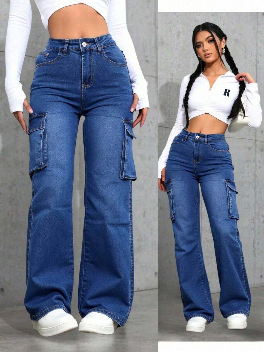 Medium Blue Straight Leg Cargo Jeans, Butt Lifting And Tummy Control - Deep Blue - View 1