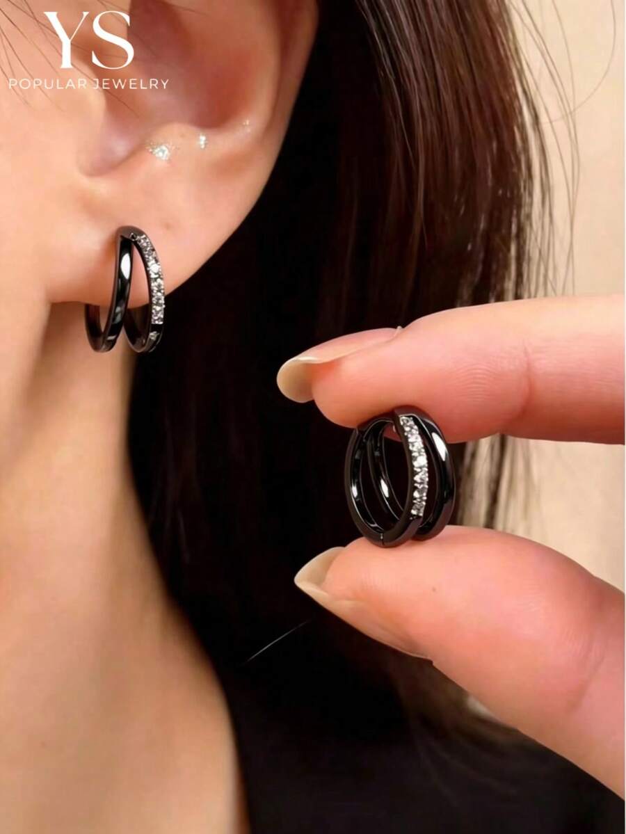 1对精致耳环 - 时尚与优雅的完美融合，双层设计，铜质微镶嵌耳钉，适合年轻女士和学生，黑色系列