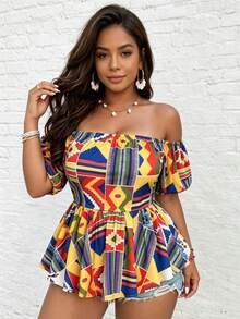2026 Spring Plus Size Women's Geometric Print Off-Shoulder Short Sleeve Casual Vacation Top, Fashionable & Slimming Summer - Multicolor - View 6