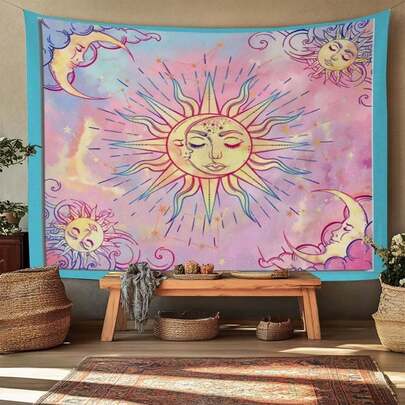 Digital Print Starry Zodiac Peach Velvet Tapestry Wall Hanging, Bedroom Home Decor Moon Star Space Black And White Wall Blanket