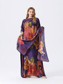 1pc Faux Silk Floral Print Robe With Scarf Set, Women Shawl Coverup For Beach, Sun Protection, Daily Wear - Multicolor - View 1