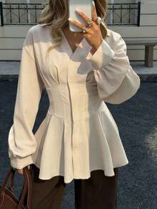 Women's Autumn/Winter New Waist Cinched A-Line Long Sleeve Shirt,Summer Top - 杏色 - 查看 7