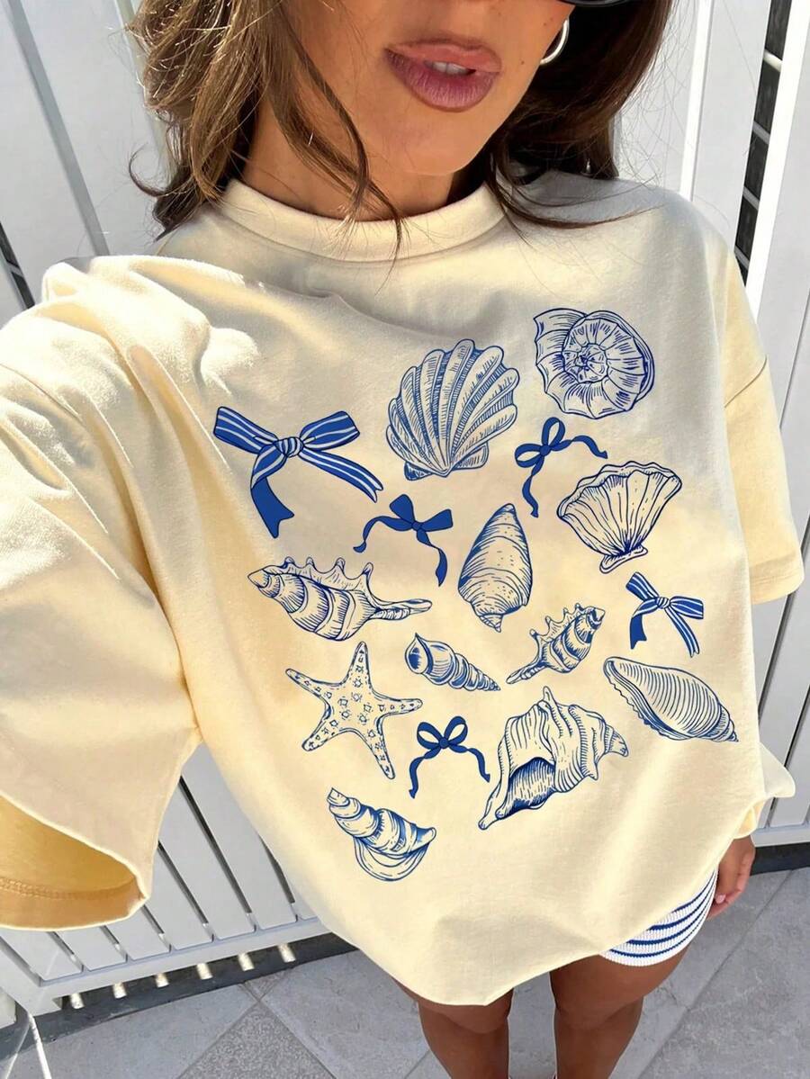 Women's Tropical Shell Print Casual T-Shirt - High Elasticity Top,Summer Beachwear, All-Season Comfortable Fit, Vacation Outfits For Women - 杏色1 - 查看 1