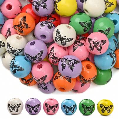 20pcs 16mm Butterfly Print Wooden Beads, Beautiful Wooden Beads For DIY Crafts Like Bracelets, Necklaces, Bag Charms And More