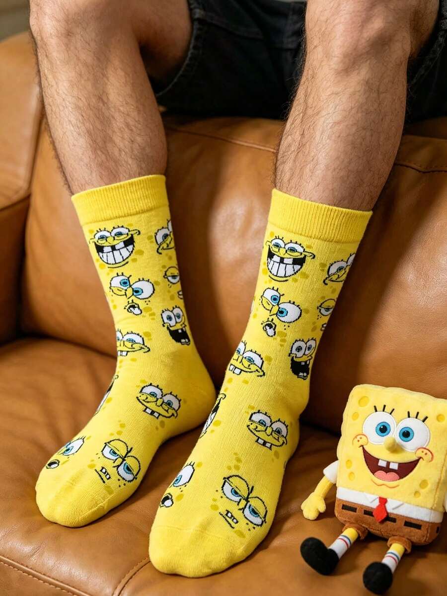 SpongeBob SquarePants 1双男女通用卡通印花中筒袜，百搭休闲时尚袜，情侣袜，适合春夏穿着 - 彩色 - 查看 1
