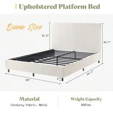 Full/Queen/King Upholstered Bed Frame With Gap-Free 3.5" Thick Headboard – Corduroy Platform Bed With Fully Padded Design & Metal Slats, No Box Spring Needed - 奶油 - 查看 13