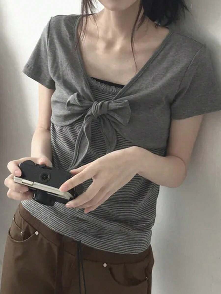 韩版百搭复古条纹蝴蝶结设计短袖T恤,休闲夏季款 - 灰色 - 查看 1
