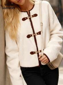 minisummmer Women's Elegant Round Neck Long Sleeve Faux Shearling Contrast Color Horn Button Short Cardigan Jacket, Fleece Lined Warm, Fashionable Retro Casual Versatile Outerwear For Daily, Date, Party, Outdoor, Spring/Summer - White - View 3