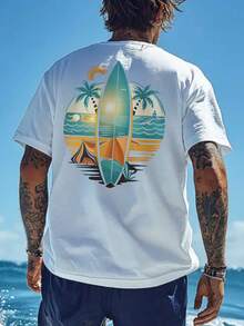 Neue Ankunft Große Größen Herren Urlaubsstil bedrucktes Kurzarm T-Shirt, bequem & atmungsaktiv, Sommermode - Weiss - Übersicht 3