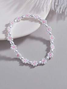 1 pieza Tobillera elástica con flores de perlas tejidas de dos colores, estilo bohemio y elegante, versátil y dulce, joyería personalizada adecuada para atuendos diarios, perfecta para fiestas y vacaciones, accesorio casual y de vacaciones unisex - Multicolor - Ver 4