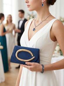 1pc High-End Velvet Clutch Bag In Navy Blue, Paired With Gold Decor, Showcasing A Fusion Of Fashion And Elegance, Suitable For Weddings, Parties, Galas, And Other Formal Occasions As A Clutch, Handbag, Shoulder Bag, Or Crossbody Bag - Navy Blue - View 3