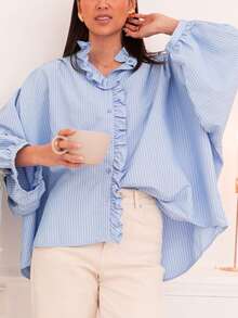 New Fashionable Elegant Solid Color Striped Ruffle/Frill Trim Women Shirt, Suitable For Vacation, Home, Daily Wear, Travel, All Seasons, Versatile - Blue - View 4