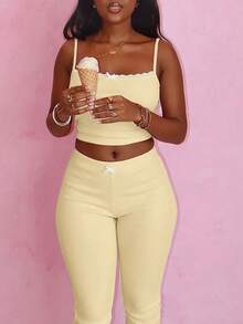 Women's Summer Ribbed Lace Patchwork Bowknot Cropped Camisole And Pants 2 Pieces Fitted Sexy Outfit - Light Yellow - View 4