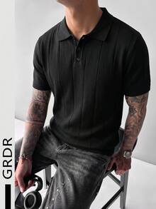 GRDR 男士夏季罗纹针织短袖 Polo 衫，适合夏季商务聚会，简约百搭 - 黑色 - 查看 4