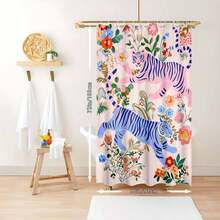 1Pc Shower Curtain - Pink & Blue Tigers With Floral Patterns, Machine Washable Bathroom Decor With 12 Hooks - Soft Pink Background, Polyester Window Curtain For Modern Or Traditional Bathrooms - Perfect For Animal Print Fans & Jungle Themes, Shower Curtain Sets For Bathrooms, Vibrant Fantasy Design, Easy Maintenance Fabric, Bathroom Decoration And Accessories - 款式1 - 查看 4