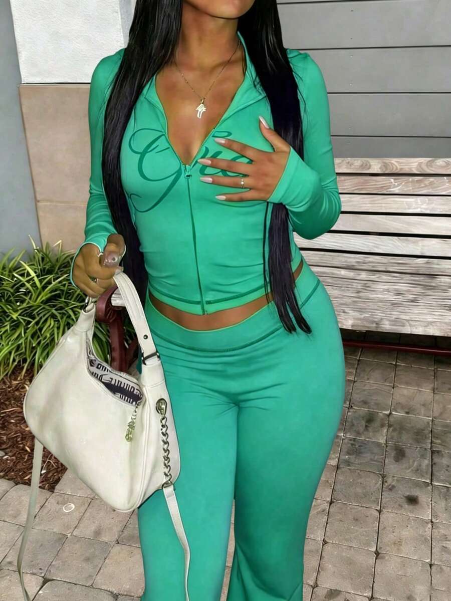 FQLWL Women's Casual Street Style Tracksuit, Printed Zip-Up Hoodie And Pants Set, Long Sleeve 2-Piece Outfit Spring - Green - View 1