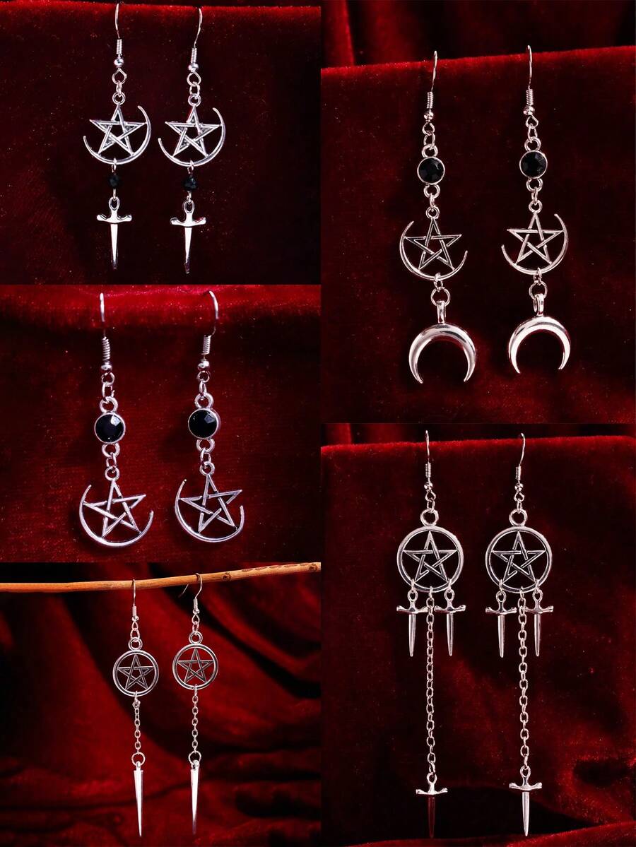 1 Đôi bông tai dáng dài thời trang Gothic cổ điển màu bạc hình bán nguyệt và ngôi sao năm cánh, thích hợp để đeo hàng ngày, đi nghỉ lễ và dự tiệc cho nữ. - Nhiều màu - Xem 1