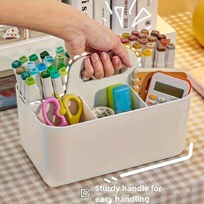1pc Multi-Functional Storage Basket With Handle, Convenient For Organizing Portable Pencils And Pen Holders, 5-Compartment Desktop Organizer Box, Extra Large Pencil Case, Plastic Pencil/Crayon/Highlighter Storage Box, Stackable Organizer For Arts & Crafts, Pens, Back To School Teacher Supplies