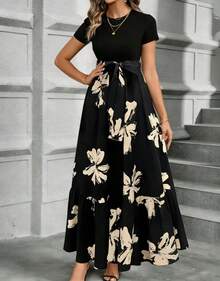 Women's Printed Maxi Dress Short Puff Sleeve Crew Neck Tie Waist Casual Long Dress For Daily Wear Party - 黑色花朵 - 查看 4
