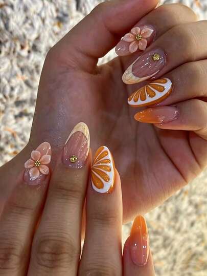Transform Your Nails With This Set! Each Set Includes 10 Pieces Of Adorable Y2K-Style 3D Lemon-Slice Flower Nail Tips With Gold Bead Accents. These Medium-Length, Almond-Shaped Press-On Nails Are Perfect For Summer Beach Outings, Vacations, Outdoor Picnics, And Holiday Parties.