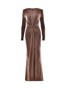 Women's Sequin Maxi Dress Deep V Neck Twist Front Bodycon Long Sleeve Elegant Evening Gown Slim Fit Formal Party Dress - 巧克力棕 - 查看 6