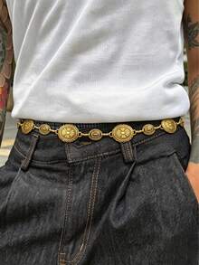 1 pieza Cadena de cintura ovalada con estampado floral geométrico retro, cinturón de metal personalizado punk para hombres, adecuado para fiestas, ropa urbana y uso diario - Dorado - Ver 1
