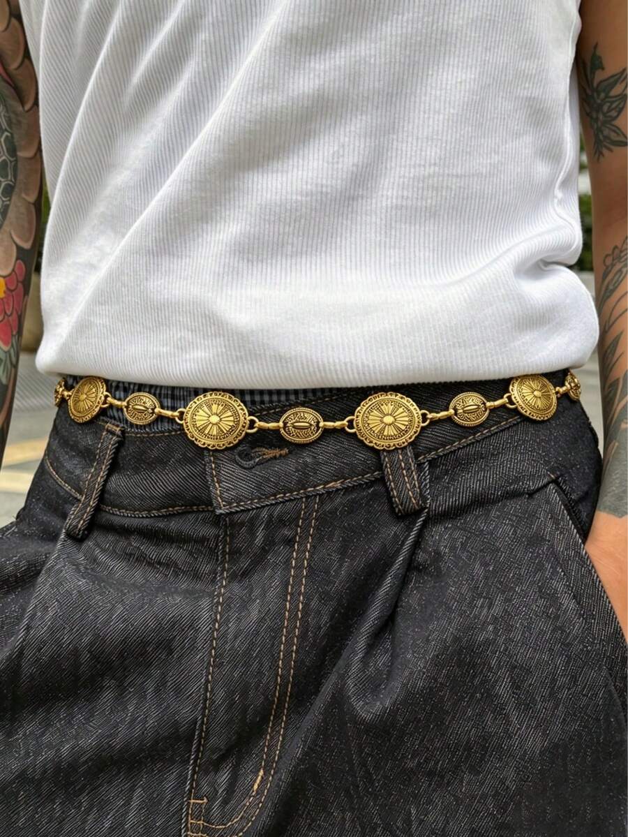 1 pieza Cadena de cintura ovalada con estampado floral geométrico retro, cinturón de metal personalizado punk para hombres, adecuado para fiestas, ropa urbana y uso diario - Dorado - Ver 1