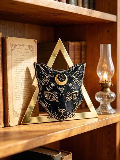1pc Black Cat Moon Celestial Decorative Wall Hanging Gothic Witchy Style Triangle Shape Geometric Frame Detail Mystic Animal Face Art Accent Modern Minimalist Wall Sculpture Home Decor For Living Room Bedroom Entryway Porch Patio Balcony Cafe Bar Studio Apartment Interior Exterior Decoration