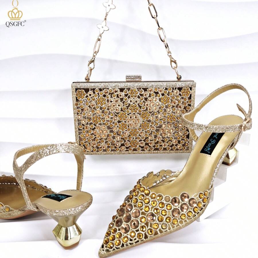 QueenaYan Pointed Toe Full Crystal Floral Hollow Lace High Heel Sandals, Rectangular Rhinestone Embellished Clutch Bag, Practical & Versatile - Gold - View 1