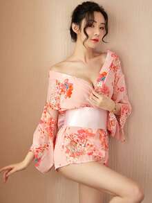 1件可爱性感日式印花半透明和服浴袍 - 粉色 - 查看 4