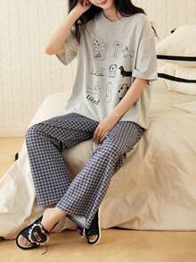 Gongdie 2er/Set Damen Sommer-Pyjama, bequemes weiches lockeres T-Shirt und karierte Hose, süßer Welpen-Muster lässige Hauskleidung - Hellgrau - Übersicht 4