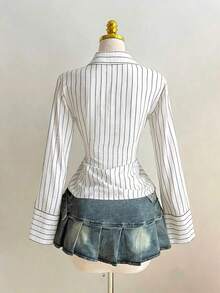 1pc Black V-Neck Striped Collar Slim Fit Button-Up Long Sleeve Sexy Blouse For Commute & Daily Wear, Winter - 白色 - 查看 2