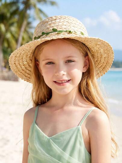 1pc New Beige Straw Hat For Little Girls, Summer Vacation Beach Outdoor Sun Protection Hat, Lightweight Breathable Children Beach Hat With Wide Brim, Fits Kids Ages 3-8 Years