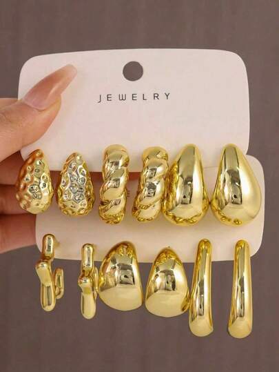 3-6 Pairs Sweet Girl Gold Earring Set, 3D Textured Stud Earrings, Personality Earring Suit For Party, Date, Daily Wear For Women