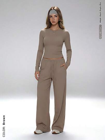 2 piezas Conjunto elegante de oficina, Blusa de manga larga con cuello redondo y diseño de cintura con lazo/Blusa ajustada con cintura con lazo/Elegante blusa de manga larga, Pantalones de cintura alta y pierna ancha/Elegantes pantalones de cintura alta/Pantalones de pierna ancha a la moda, Adecuado para oficina y atuendo conservador para exteriores/Refinado conjunto de oficina/Sofisticado, Conjunto conservador de 2 piezas para mujer